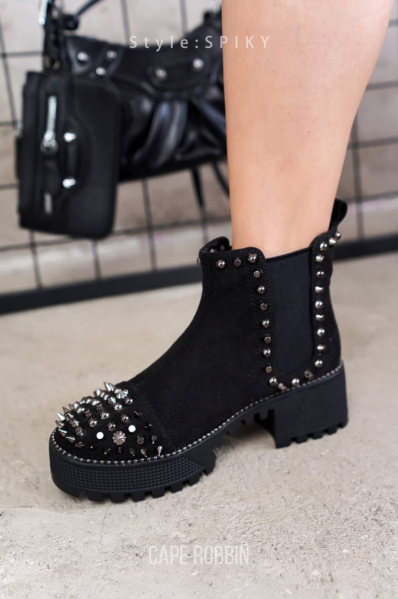 Cape Robbin Women's Platform Combat Boots Pull-on Ankle Booties, Studded Goth Punk Boots with Spiky Design & Chunky Heel (Spiky) - Black Size 8 - Image 2